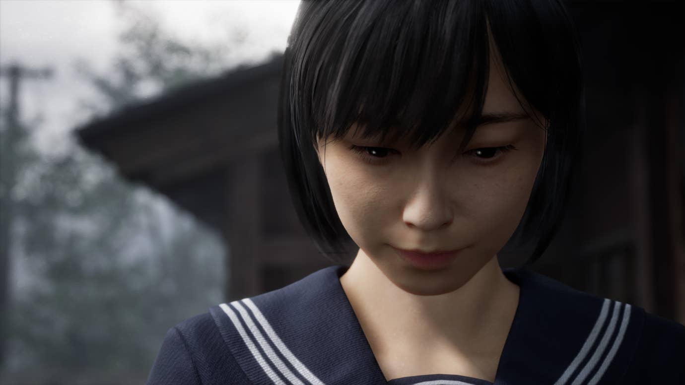 Hinako, a teenage girl in a sailor school uniform, is looking down, a solemn look on her face.